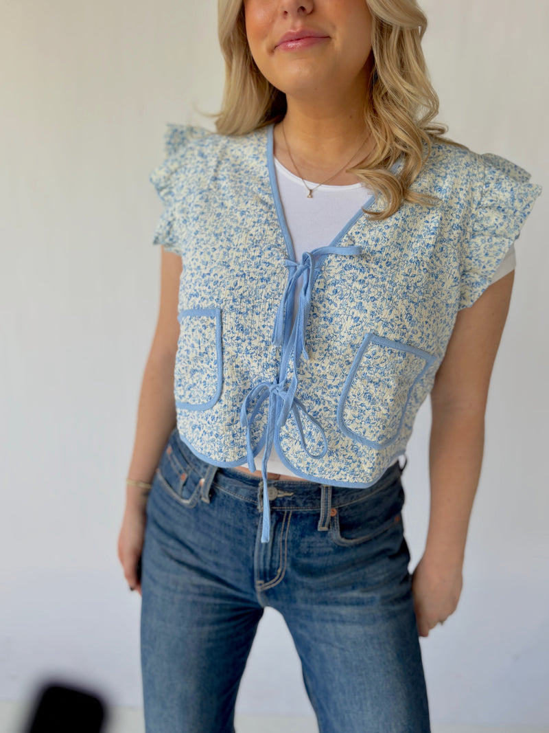 French Blue Floral Front Tie Vest