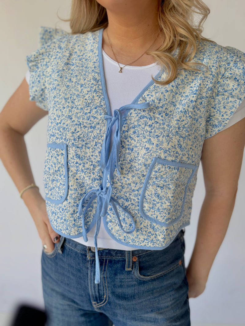 French Blue Floral Front Tie Vest