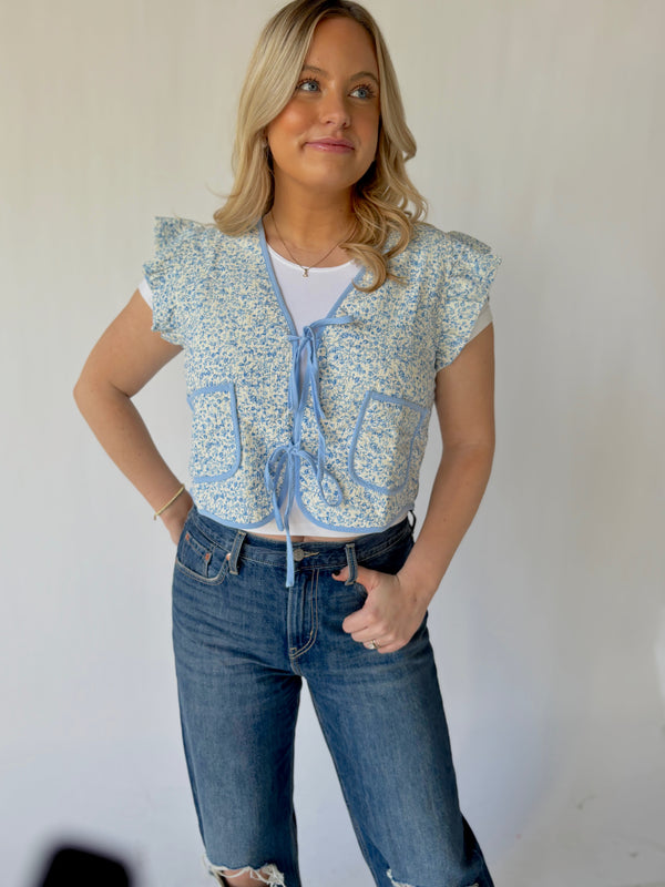 French Blue Floral Front Tie Vest