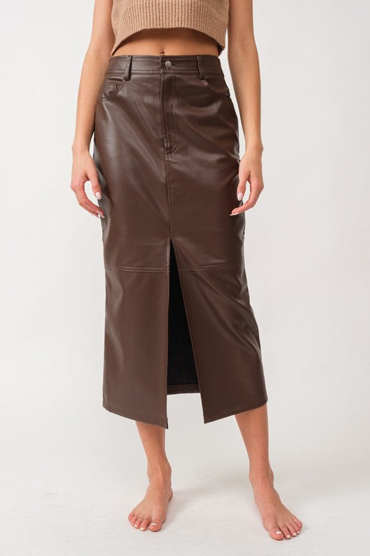 Brown Vegan Leather Maxi Skirt